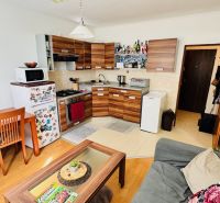 Küche in einer Einzimmerwohnung mit Holzboden und Esstisch.