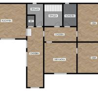 Grundriss eines Einfamilienhauses mit Speisekammern, Badezimmer, zwei Zimmern und einem Boden mit Holzdekor.