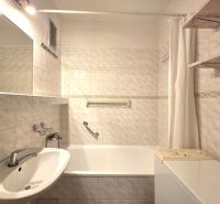 Badezimmer mit Dusche und Badewanne in einer Einzimmerwohnung.