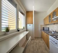 Küche mit Holzdekor und Geräten, geeignet für eine Einzimmerwohnung.