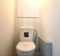 Ein Badezimmer mit gefliesten Wänden in einer Einzimmerwohnung.