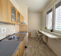 Küche in einer Einzimmerwohnung mit Holzboden und weißen Möbeln.