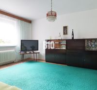 Wohnzimmer in einem Einfamilienhaus mit Fernseher, dunklen Möbeln und grünem Teppich.