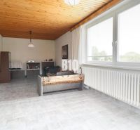 Wohnzimmer mit Holzdecke, Sofa, großem Fenster und hellgrauem Boden.