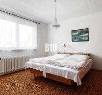 Ein Schlafzimmer in einem Einfamilienhaus mit einem Bett, einem orangefarbenen Teppich und einem Bild an der Wand.