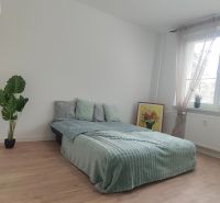 Schlafzimmer in einer 4-Zimmer-Wohnung mit Bett, Pflanze und Holzboden.