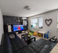 Wohnzimmer in einer 3-Zimmer-Wohnung mit Sofa und Fernseher, Boden mit Holzdekor.
