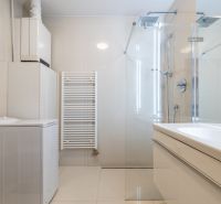 Badezimmer mit Waschmaschine, Duschkabine und Waschbecken in einer 2-Zimmer-Wohnung.