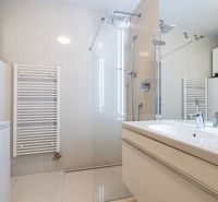Badezimmer in einer 2-Zimmer-Wohnung mit verglaster Duschkabine und Waschbecken.
