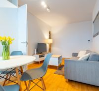 Wohnzimmer mit Holzboden, grauem Sofa und Esstisch in einer Zweizimmerwohnung.