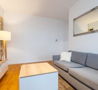 Graues Sofa mit Kissen im Wohnzimmer, Holzboden, großer Spiegel.