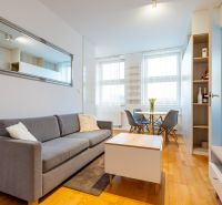 Wohnzimmer in einer Zweizimmerwohnung mit Sofa, Tisch und Holzboden.