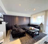 Wohnzimmer in einer 4-Zimmer-Wohnung mit einem dunklen Sofa, einem Boden mit Holzdekor und Dekorationen.