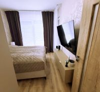 Schlafzimmer in einer 2-Zimmer-Wohnung mit Holzboden und einem Fernseher an der Wand.