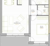 Grundriss einer 2-Zimmer-Wohnung. Zeigt die Anordnung von Küche, Wohnzimmer und Schlafzimmer.