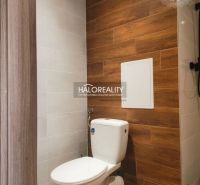 Badezimmer in einem Studio-Apartment mit Boden und Wand in Holzoptik.