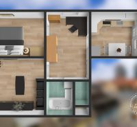 Grundriss einer 2-Zimmer-Wohnung mit Schlafzimmer, Wohnzimmer und Küche mit Holzboden.