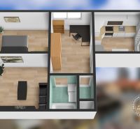 Grundriss einer 2-Zimmer-Wohnung mit Holzboden und Balkon.