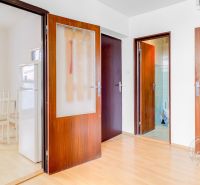 Der Flur einer 2-Zimmer-Wohnung mit Holzboden, Eingang zur Küche und zum Badezimmer.