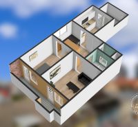 Grundriss einer 2-Zimmer-Wohnung mit Holzboden und Balkon.