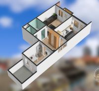 3D-Grundriss einer 2-Zimmer-Wohnung mit Balkon und Holzboden.