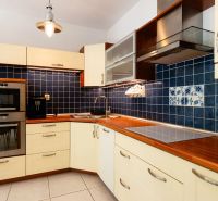 Küche mit dunkelblauen Fliesen und eingebauten Geräten in einer 2-Zimmer-Wohnung.