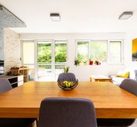 Wohnzimmer in einer Zweizimmerwohnung mit Holztisch und Sofa, Blick auf die Terrasse.
