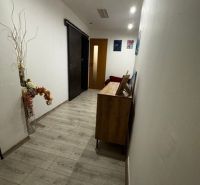 Ein enger Innenflur mit Holzboden, Dekoration und Türen.