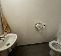 Toilette mit Waschbecken und Fliesen. Geschäftsräume mit einfacher Ausstattung.