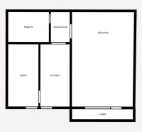 Grundriss einer 2-Zimmer-Wohnung mit Eingangshalle, Badezimmer, Küche und Loggia.