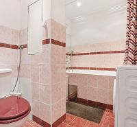 Badezimmer in einer 2-Zimmer-Wohnung mit Dusche, Badewanne und Waschmaschine, dominiert von roten Fliesen.