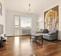 Wohnzimmer in einer 2-Zimmer-Wohnung mit Sofa, Fernseher und Holzboden.
