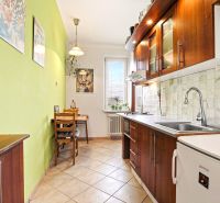Küche in einer 2-Zimmer-Wohnung mit Holzdekor und grüner Wand, Sitzgelegenheit am Tisch.