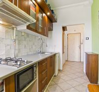 Küche in einer 2-Zimmer-Wohnung mit Gasherd, Mikrowelle und Stauraum.