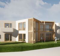 Ein Gebäude mit Balkonen und Holzelementen in Nová Lesná, geeignet für Hotels und Pensionen.