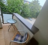 Balkon eines Einzimmerapartments mit Blick auf Grünflächen und einen Parkplatz, Raum mit Tisch und Stuhl.