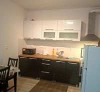 Küchenzeile in einem Einzimmerapartment mit Schränken, Esstisch, Boden mit Holzdekor.