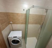 Badezimmer in einer Einzimmerwohnung mit Waschmaschine und Duschkabine.