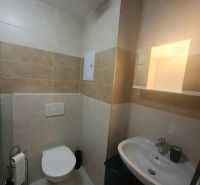 Badezimmer in einem Studio-Apartment mit Waschbecken, Toilette und gefliesten Wänden.