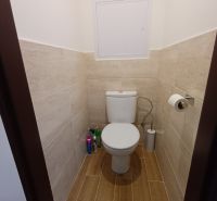 Toilette mit Wand- und Bodenfliesen in Holzdekor in einer 3-Zimmer-Wohnung.
