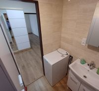 Badezimmer mit Spiegel und Waschmaschine in einer 3-Zimmer-Wohnung mit Holzboden.