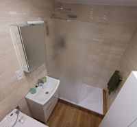 Badezimmer in einer 3-Zimmer-Wohnung mit Toilette, Duschkabine und Boden in Holzoptik.