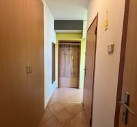 Flur mit Schrank und Garderobe in einer Einzimmerwohnung mit Fliesen und Holzmuster.