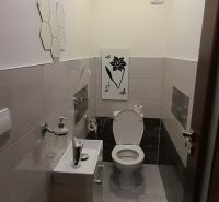 Badezimmer in einer 2-Zimmer-Wohnung mit Toilette, Waschbecken und hellen Fliesen.