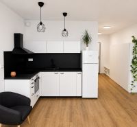 Küche in einer Einzimmerwohnung mit weißen Schränken, schwarzen Details und einem Boden in Holzoptik.