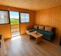 Wohnzimmer in einer Hütte mit Sofa, Fernseher und Holzboden, Blick auf die Landschaft.