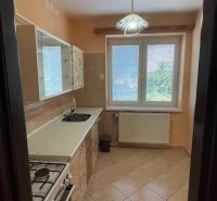 Küche mit Gasherd in einer 3-Zimmer-Wohnung, mit Blick auf das Grün durch das Fenster.