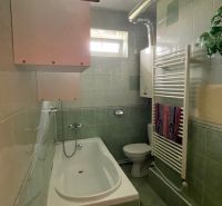 Badezimmer in einer 3-Zimmer-Wohnung mit Badewanne, grünen Fliesen, Handtuchheizkörper.