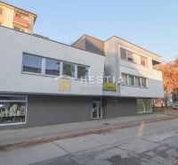 Gewerbeflächen in Senica, modernes Gebäude mit Glasvitrinen in der Fußgängerzone.