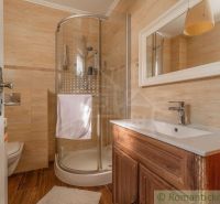 Badezimmer mit Holzdekor, Duschkabine und Waschbecken in einem Einfamilienhaus.